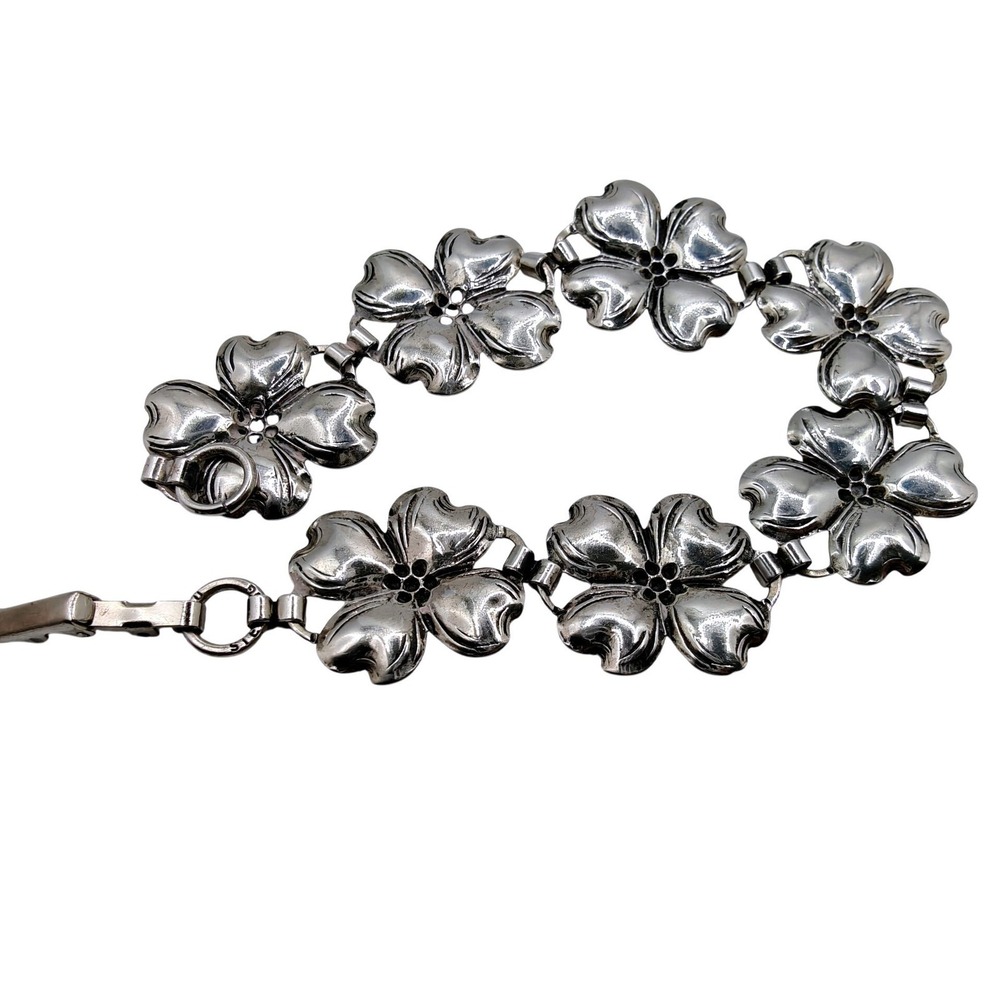 Vintage Sterling Silver Dogwood Flower Bracelet and Ring‎ Set Floral Jewelry
